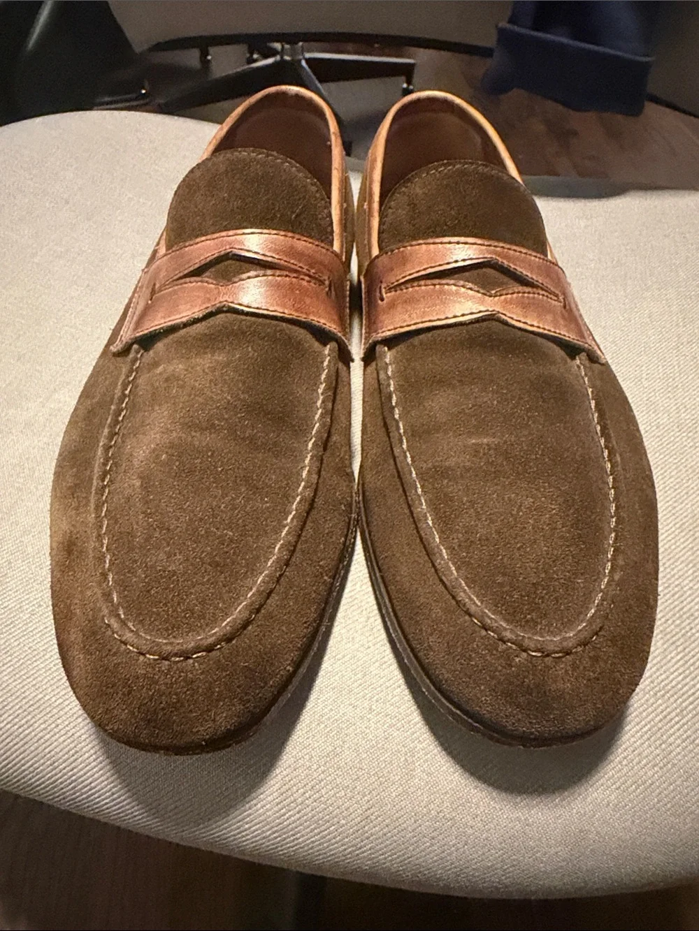 Bonton Brown Suede Penny Loafers with Leather Strap